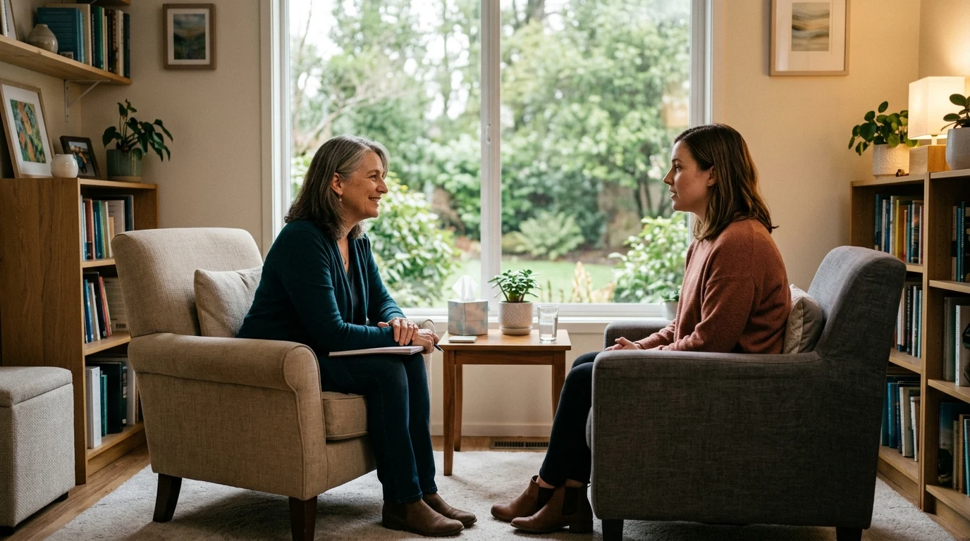 Compassionate counselor demonstrating attentive active listening in a counseling session (AI Generated Image)