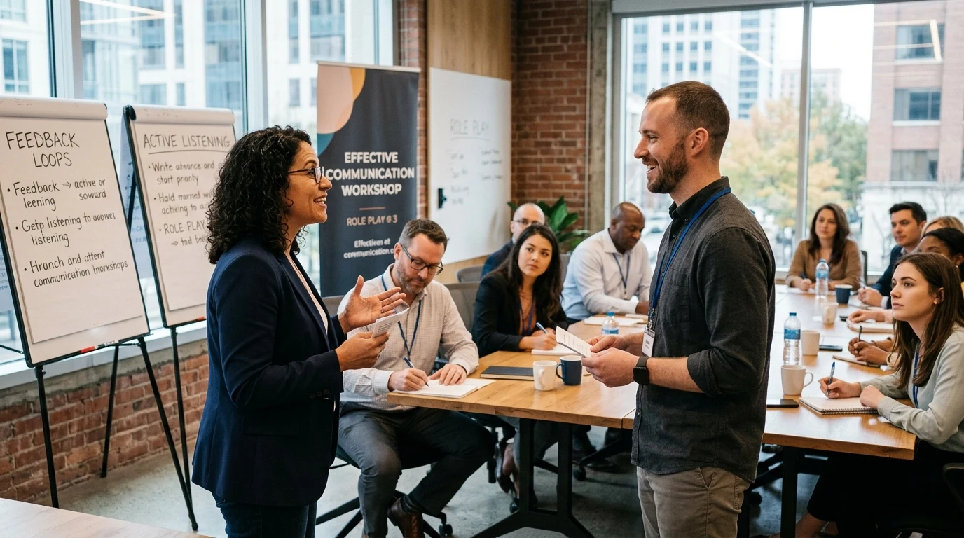The Art of Informative Roleplaying: Practical Exercises to Accelerate Communication Mastery 2 Team members engaging in an informative roleplaying communication simulation (AI Generated Image)